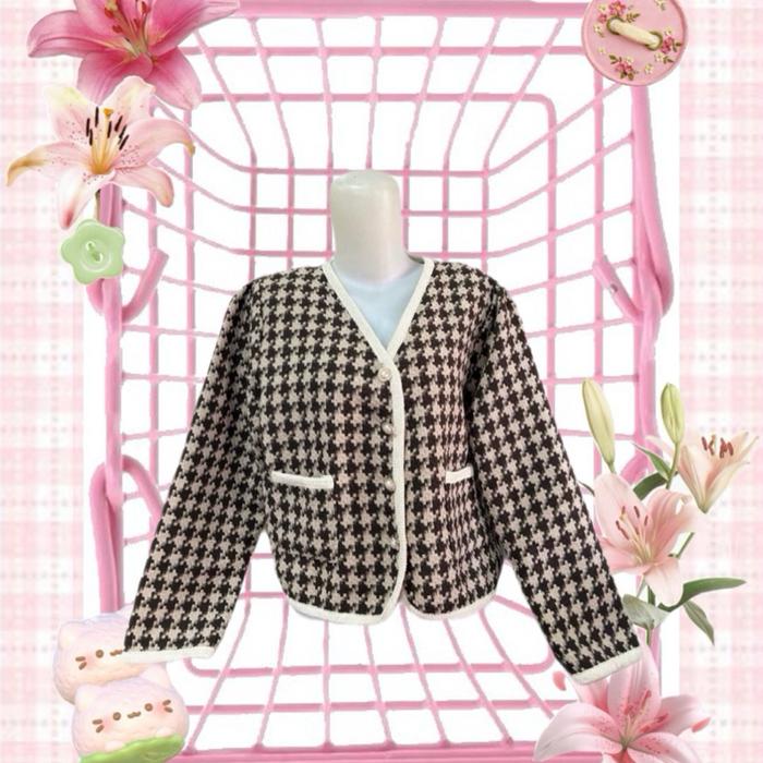 Preloved Blezer Coklat Wanita Crop dengan Desain Houndstooth dan Detail Putih Blazer