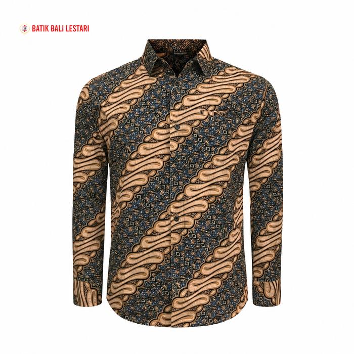 Batik Bali Lestari Kemeja Pria Slimfit Katun Dasar Hitam, Motif Coklat & Biru ( AKBL )