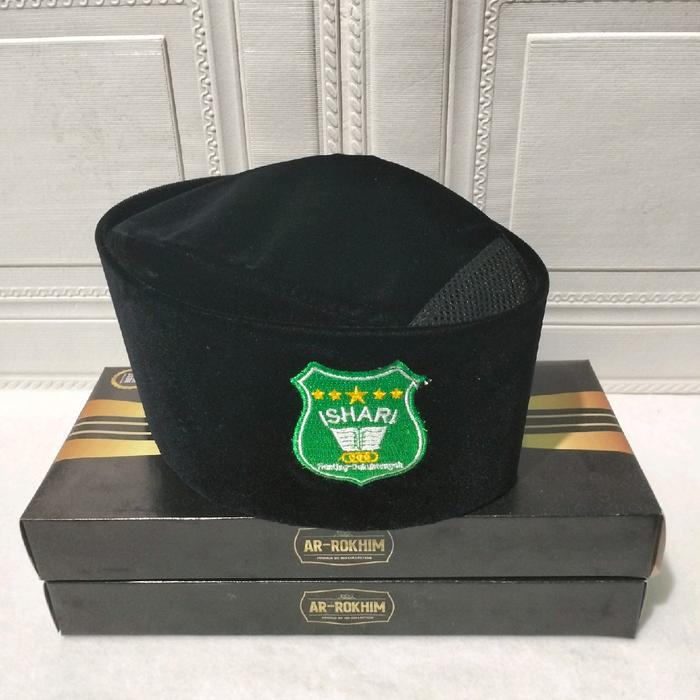 Songkok Peci Kopiah Muslim Logo ISHARI NU Super Halus Tinggi 10 cm Biru Hitam