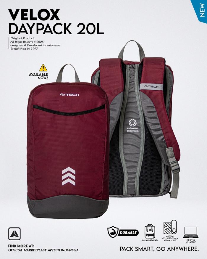 AVTECH - Tas Ransel Daypack Laptop Harian Sekolah Kerja Travel Bag Lifestyle 20 Liter - VELOX 20