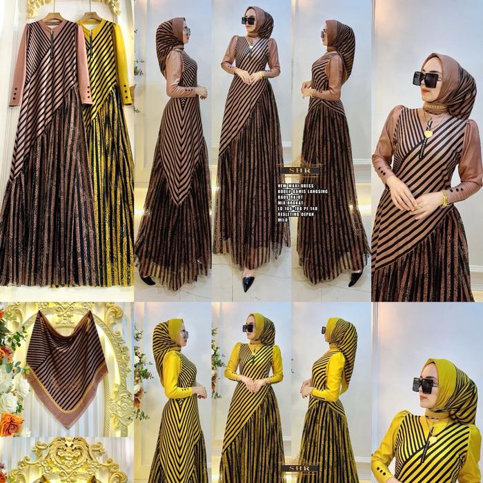 COD SHR terbaru gamis salur langsing cantik Muslim Wanita Baju Nyaman Dress Brokat Mewah
