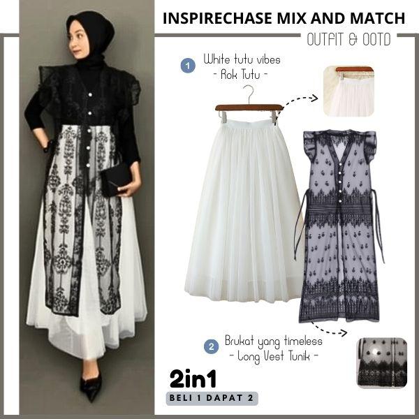 One Set Outer Brukat Sapto Outer Tunik Brukat Kondangan + Rok Tutu Panjang Tile 2 Lapis Dress Wanita