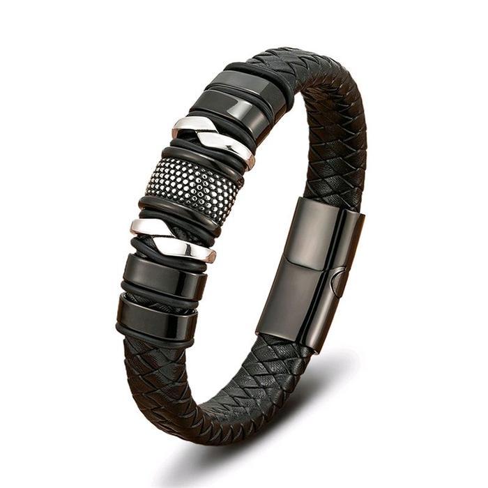 Gelang Pria Kulit Asli BOLD - Stainless Steel Magnetic Clasp Premium - Hitam Elegan