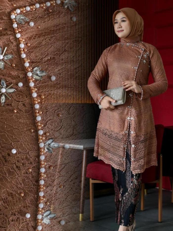 (BISA COD)Set Kebaya Tunik janggan malaysia Brokat belah samping rok batik prisket / Kebaya Modern /
