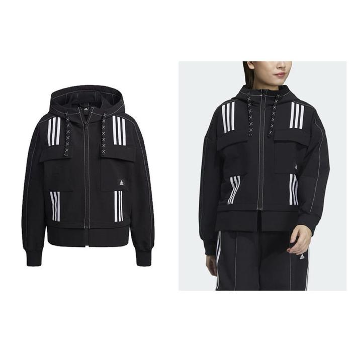 Adidas Jaket Hoodie Hitam dengan Desain Tiga Garis Putih dan Kantong Depan Wanita