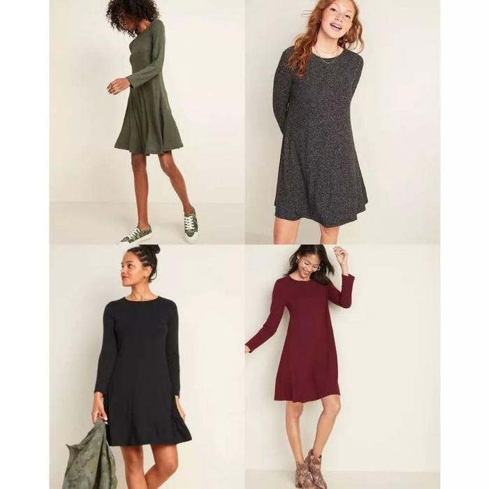 Ready Stock Oldnavy Knitted Longsleeve Swing Dress Rajut Stretch
