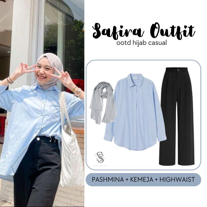 OOTD 3in1 Set Hijab Pashmina Ceruty Abu Kemeja Biru Muda Celana Highwaist Hitam - Safira Outfit SS17