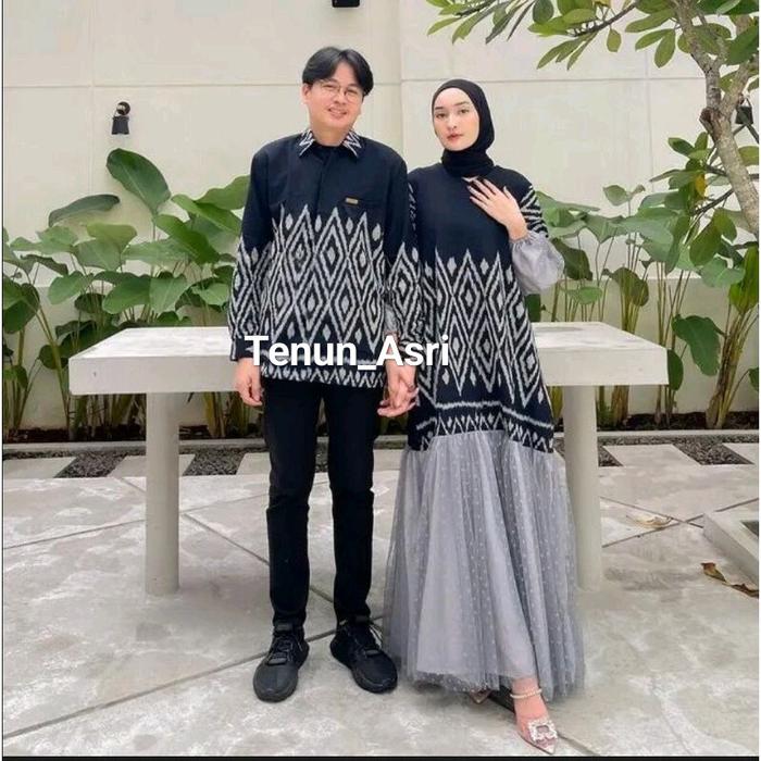 Set Couple Tenun_Asri Gamis Rahayu Hitam Abu Baju Pasangan pria wanita kondangan prewedding natal im