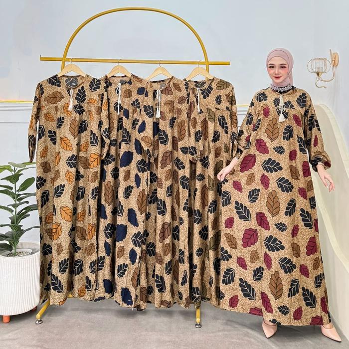 Gamis Motif Daun Kelor Rayon Premium Adem Nyaman Dress Motif Terbaru