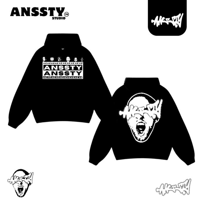 HOODIE ANSSTY 440GSM BIG FACE BLACK WHITE