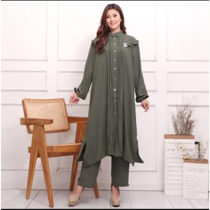 Long Set Crinkle Airflow Jumbo Zara Set / One Set Jumbo Crinkle Premium Motif Polos / Setelan Wanita