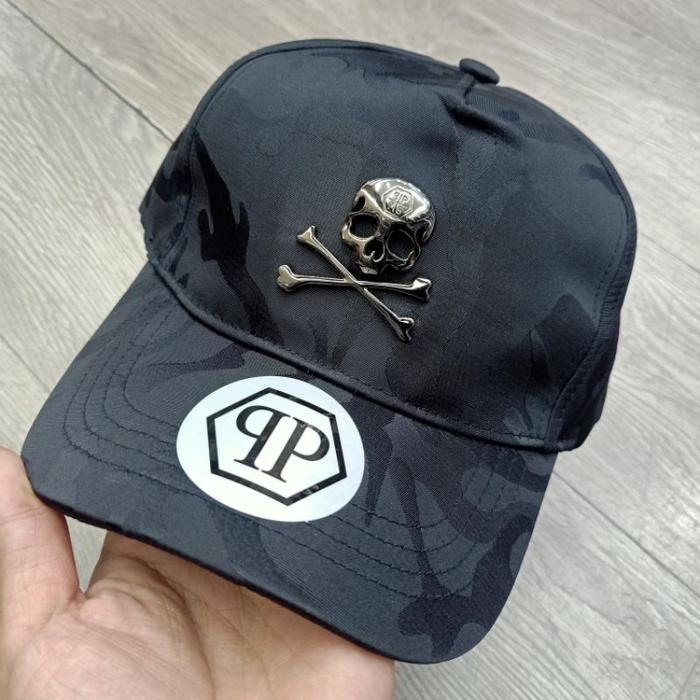Terlaris Ready Topi Philipp Plein Logo Skull Besi Black Camo Topi Baseball Import