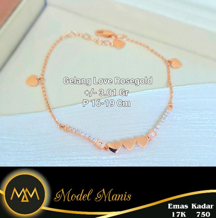 Gelang Nori Plat love bunga emas putih rosegold 750 kadar 18k