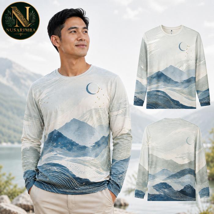 Baju Kaos Pria Lengan Panjang Kerah Bulat Motif Gunung Gelombang Tinta Biru Abu-abu Putih Gepokan