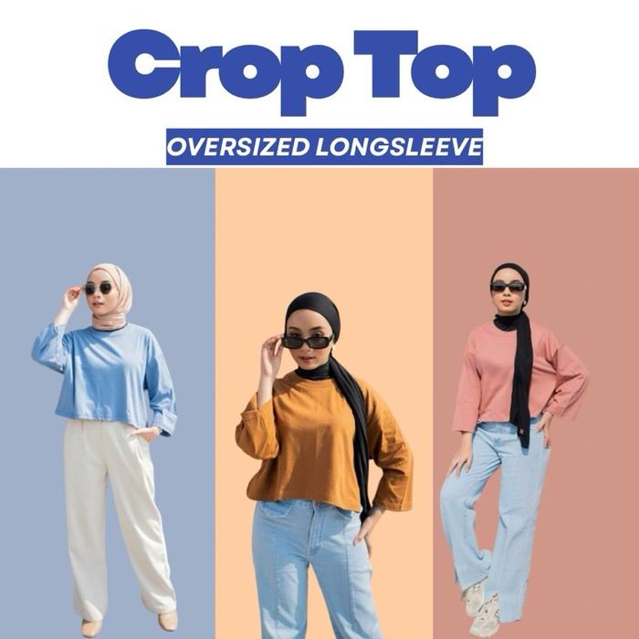 Kaos Crop Top Polos Oversized Lengan Panjang Hijab Friendly