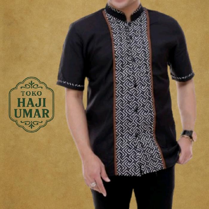 Baju Koko Dewasa Baju Koko Bordir SWASTIKA  Pakaian Muslim Pria Lengan Pendek Kombinasi Batik Bordir
