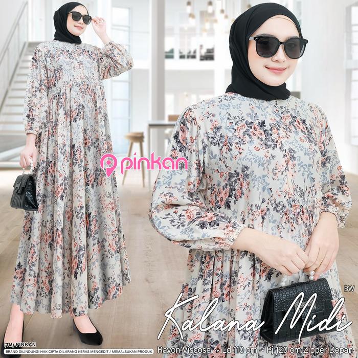Kalana Gamis Midi Dress Rayon Viscose Premium Motif Bunga Cantik Original Pinkan