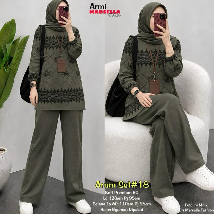 Marsella Fashion Setelan Wanita Arum Set Knit Lengan Panjang Baju Atasan Semi Tunik Celana Panjang