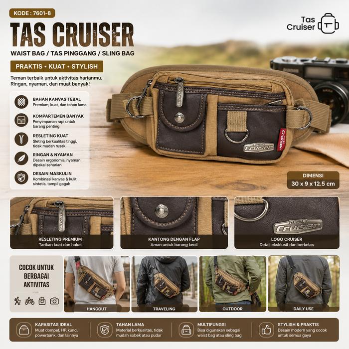 Tas Pinggang Pria Kanvas Cruiser 7601-8 – Waistbag 2 Kantong Stylish & Awet