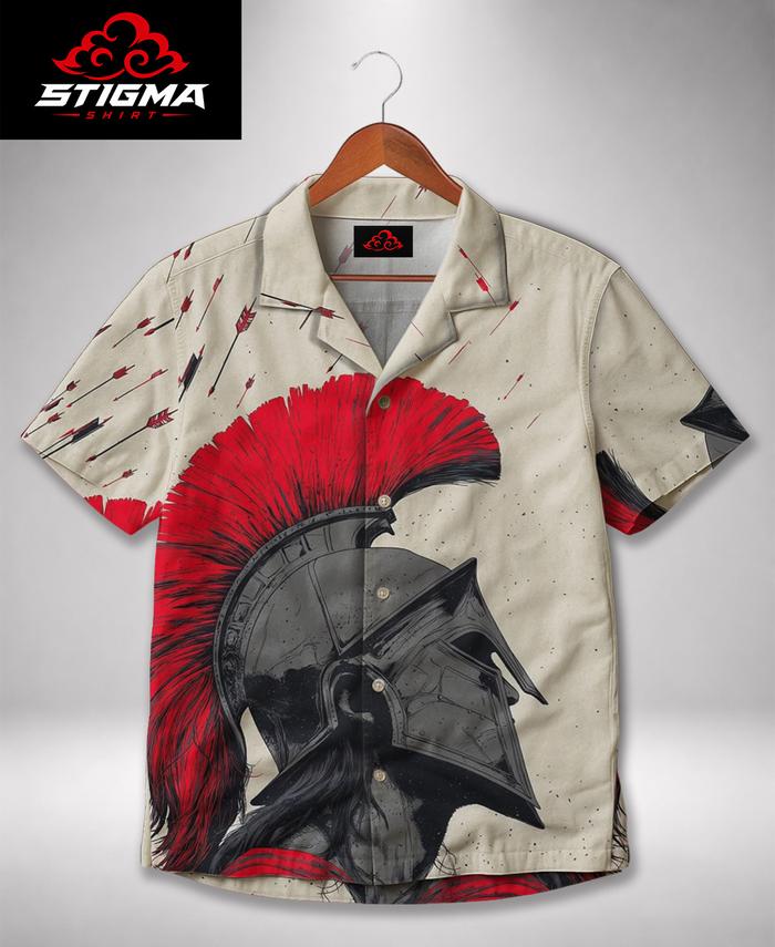 STIGMA Kemeja Motif Spartan Warrior Helmet Arrows Hawaiian Cream Red Kemeja Premium Adem