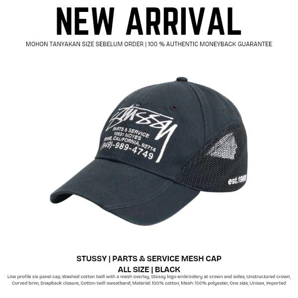 Stussy Topi Mesh Parts & Service Hitam - Topi Baseball Unisex dengan Logo Bordir Original 100%