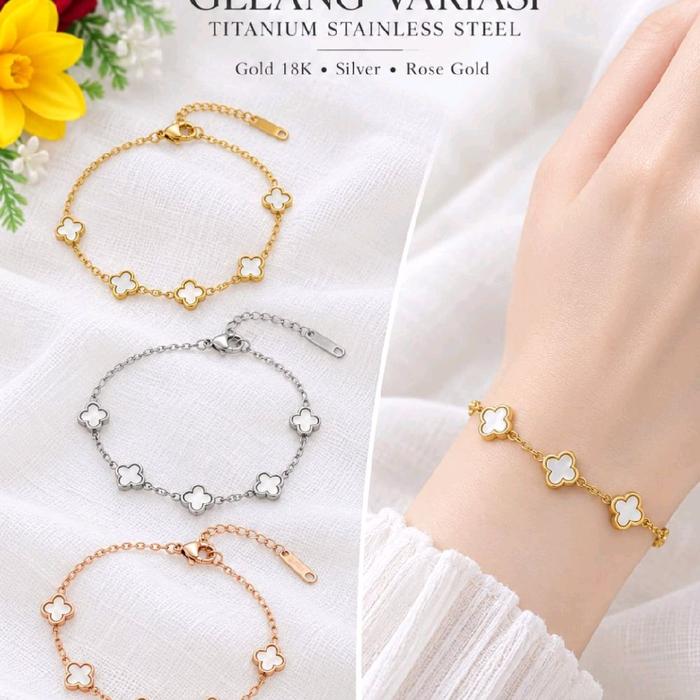 Gelang titanium clover polos Gold motif putih premium