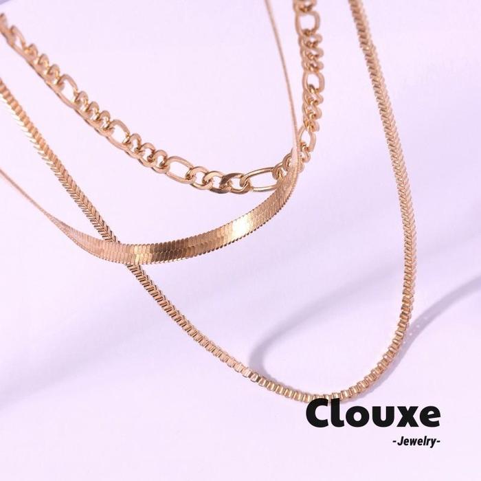 [Clouxe] Kalung Rantai Emas Imitasi Campuran Bentuk Lebar Ramping Motif Geometri Ukuran Besar Model 