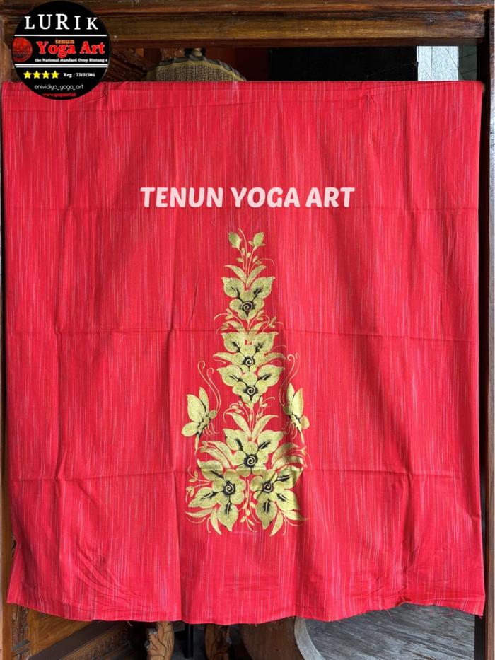 Lurik Gerimis Lukis Bunga Prada Merah 200 cm x 107 cm Tenun Yoga Art Kain Tenun Tradisional Indonesi