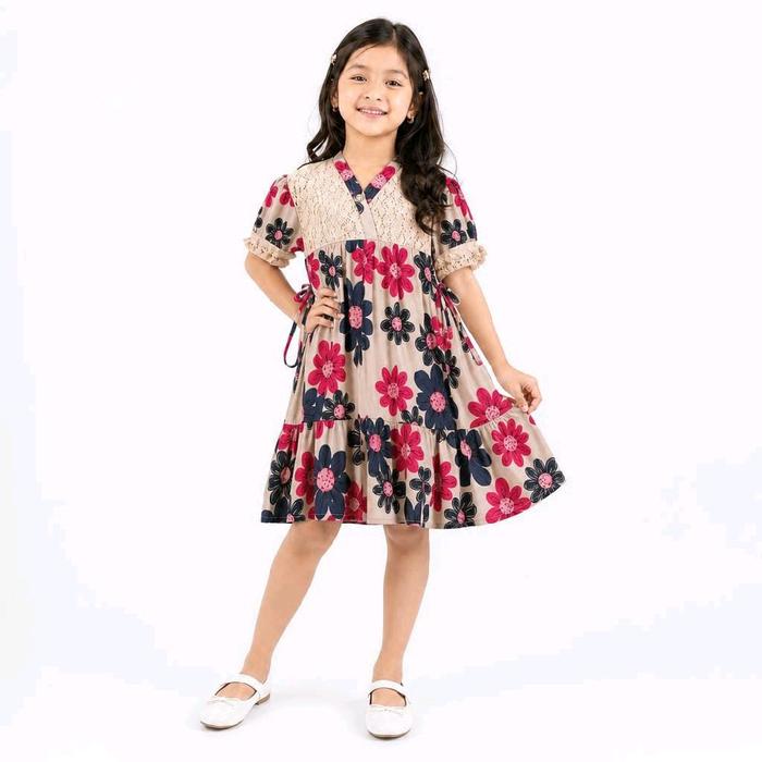 Dress Bunga Anak Perempuan / Gamis Midi Floral Brokat Tile Lengan Balon / Baju Pesta Kondangan Anak