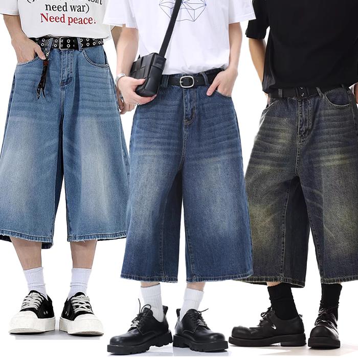 Baggy Pants Celana Pendek Jeans Pria  Casual Kulot Korean Style Straight Biru Vintage Celana 7/8