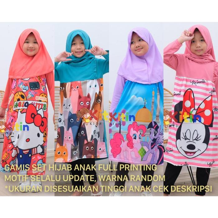KO - GAMIS ANAK SET HIJAB FULL PRINTING MOTIF HELLO KITTY KUDA PONI MICKEY MOUSE CAT UKURAN 2-8 TAHU