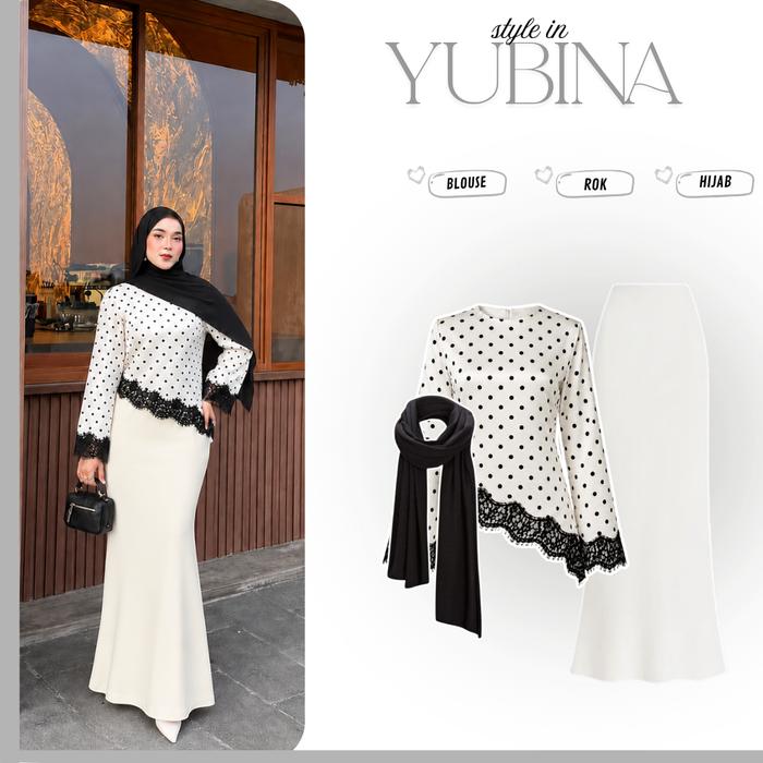 One Set 3in1 Set Outfit Kekinian ( Blouse Polka Renda+Rok Duyung+Hijab ) Yubina Style Fashion Remaja