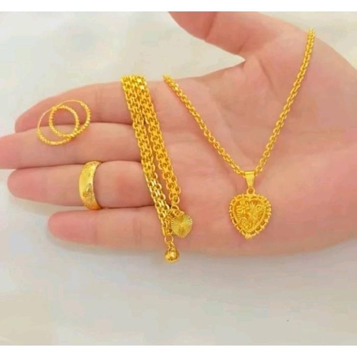 Set Wanita Lapis Emas24k Rante Medan Love kalung jewelry titanium anti karat
