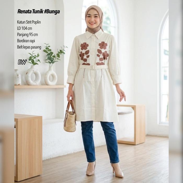 JF - Renata Tunik katun poplin bordir - Tunik  Wanita Dewasa - Tunik bordir Panjang Kancing
