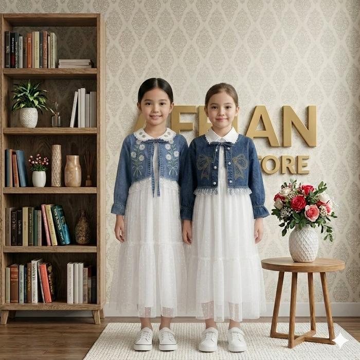 Gamis Lebaran Daisy Terbaru 2026 Rompi Jeans Pita Bordir Mix Tila Kombi Brukat Lengan Panjang Baju M