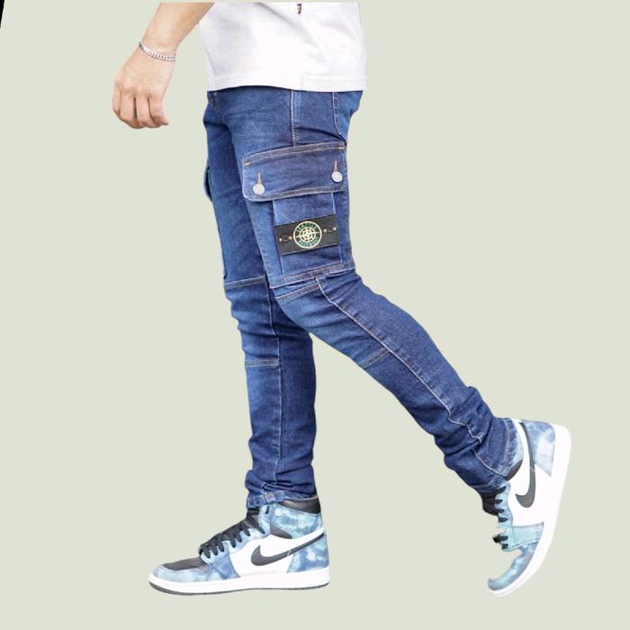 Celana Jeans Cargo Slimfit Biru Wash Model PDL Terbaru Denim Nyaman