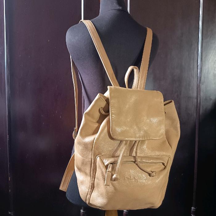 Backpack / Tas Ransel Serut Kulit Asli Ukuran Kecil Brand Beige Genuine Leather Preloved/second
