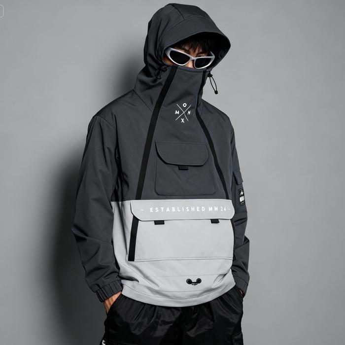 MONX Jaket Pria Cagoule Gorpcore Hitam Bahan Taslan WP Tebal dengan Zipper Resleting & Saku Quilting