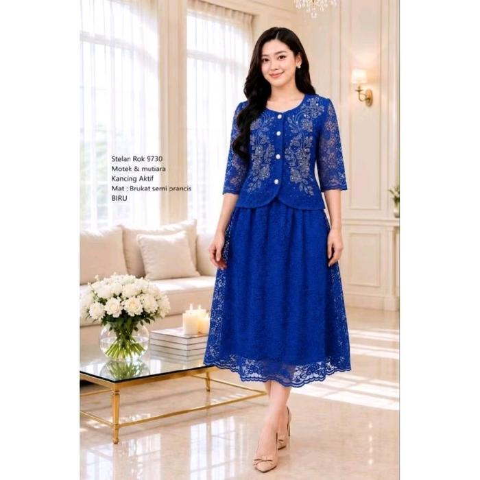 Setelan Rok 9730 Motek & Mutiara Kancing Aktif Mat Brukat Semi Prancis untuk Wanita Size L & 3L Panj