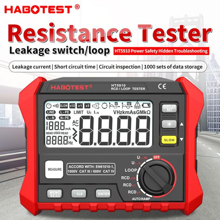 HT5910 HT2302 4.7-inch large LCD Digital Resistance Meter RCD/Loop Tester 1000 Data Storage 0~440V L