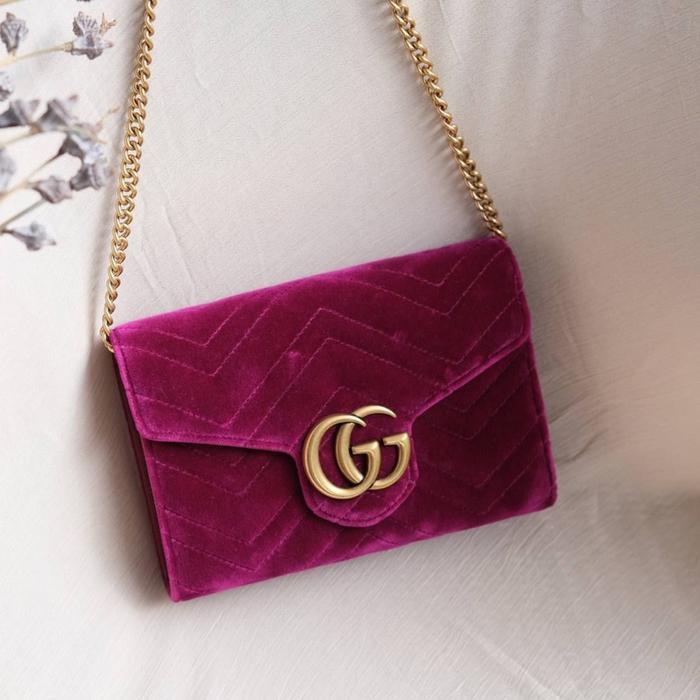 GUCCI GG MARMONT WALLET ON CHAIN WOC IN PURPLE PLUM VELVET GHW