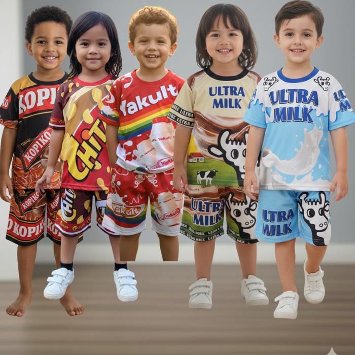 SETELAN BAJU ANAK PRINTING GAMBAR KOPIKO CHITATO YAKULT ULTRAMILD BAJU HARIAN ANAK MURAH UMUR 2-6TAH