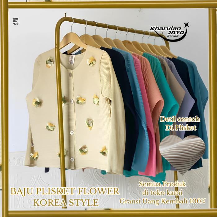 Atasan Blouse Plisket Motif Bunga Lengan Panjang Premium IMPOR / Blouse Wanita Plisket Motif Flower 