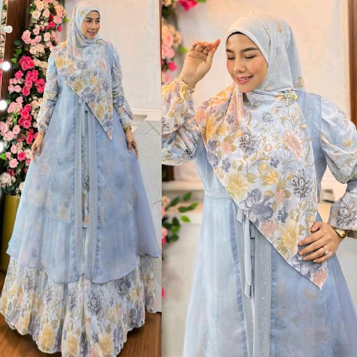 ADRIANA SERIES BY HUMAIRA SYARI GAMIS CERUTY PREMIUM OUTER CARDI ORGANZA SET JILBAB SEGI EMPAT DRESS