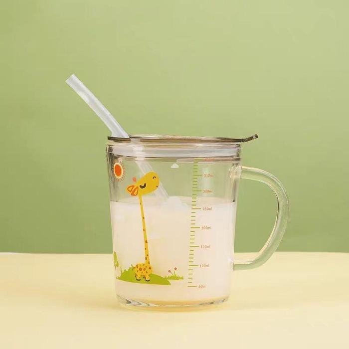 Gelas Anak Gajah Kaca Bening dengan Gagang dan Tutup Anti Bocor 400ml (FREE STRAW/SEDOTAN) - Minuman