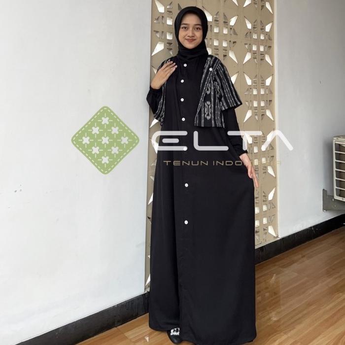 Elta Tenun Gamis Hitam Kombinasi Outer Tenun Wanita – Dress Panjang Modern mix kain toyobo