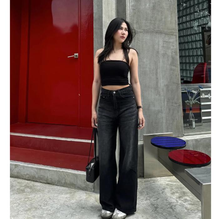 Celana Baggy Jeans Retro Wanita Highwaist Loose Korea Style Kulot Acid Grey Panjang 100cm - Beggy Je