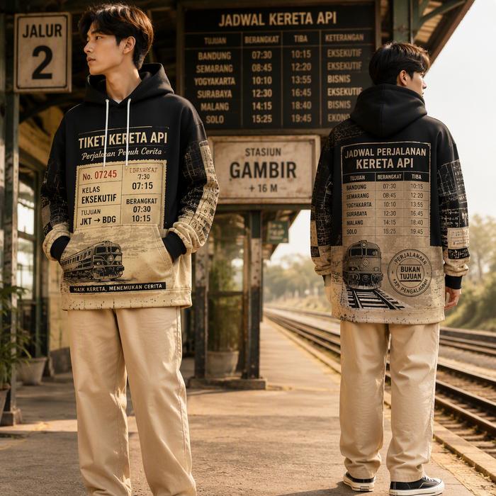 Hoodie Pria Hitam Motif Tiket Kereta Api Oversize