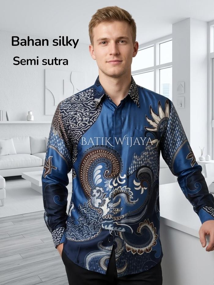 Kemeja Batik Pria Bahan Semi Sutra Biru Navy Ke Denim Mewah Elegan