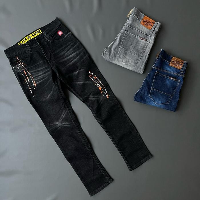 Celana Jeans Panjang Bercak Cat Polos Biru Hitam Abu Slimfit Stretch Dewasa
